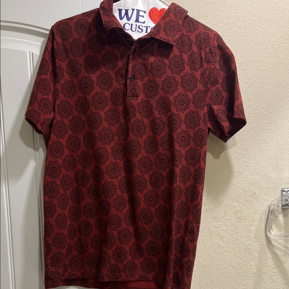 Express Orange and Black Patterned Polo Shirt